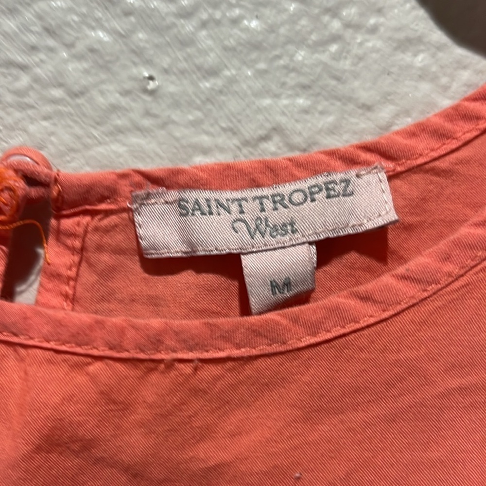 Saint Tropez West Cotton Lace blouse top long sleeve coral pink M Vacay Casual - Picture 3 of 14